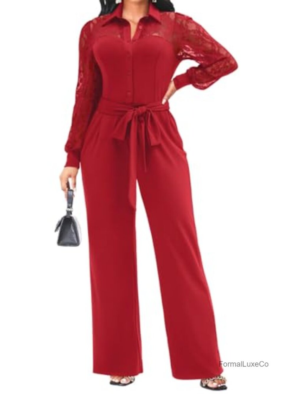 Women's Lace-Paneled Wide Leg Jumpsuit with Pockets Dressy Romper